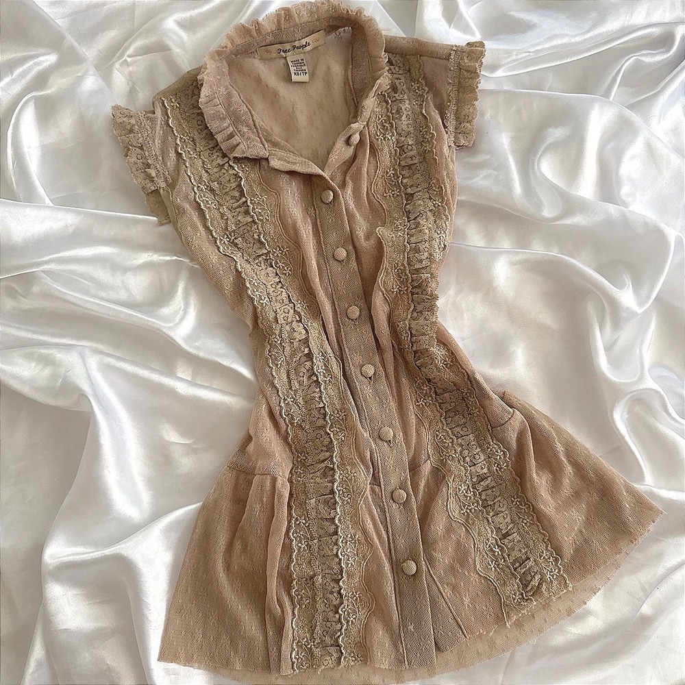Free People Tan Mesh Lace Ruffle Button Front Top XS Pointelle Cottagecore